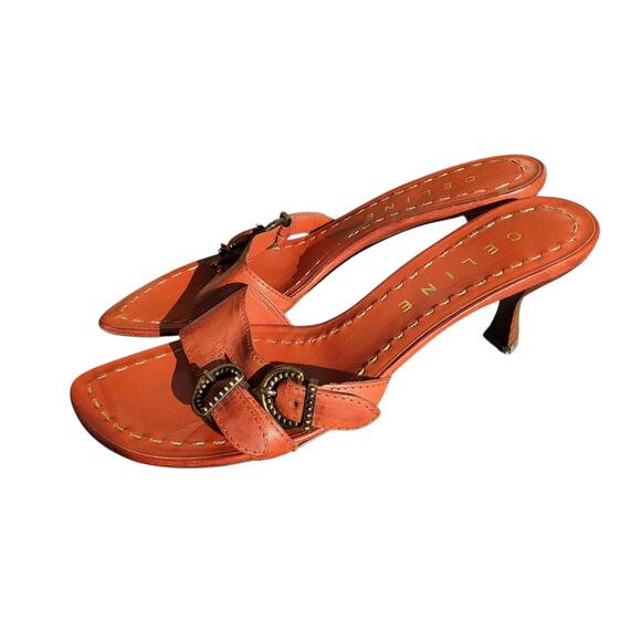 Celine Orange Kitten Heel Mules Buckle Detail Gold Stitching - Size 36.5 - Picture 9 of 9